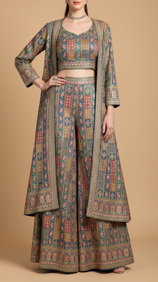 Teal Blue Crepe Fabric with Allover Traditional Print and Sequins Zari Work with One-Side Border 19765