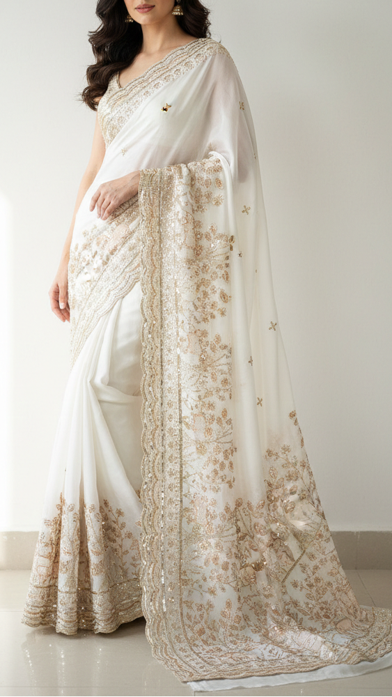White Dyeable Organza Fabric With All Over Buti Of Sequins, Bead, Katdana And Zari Work With One Side Scalloped Border 21717