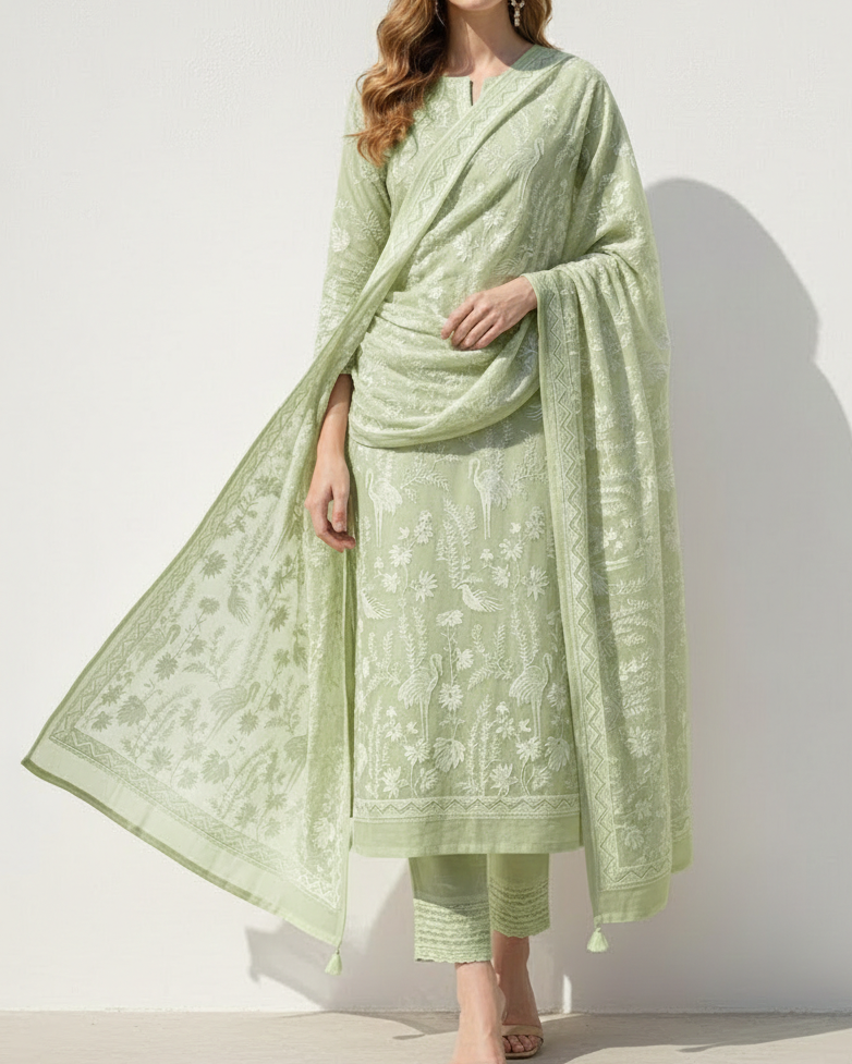 White Dyeable Silk Fabric With All Over Bird Motif Of Thread And sequins Work 21589