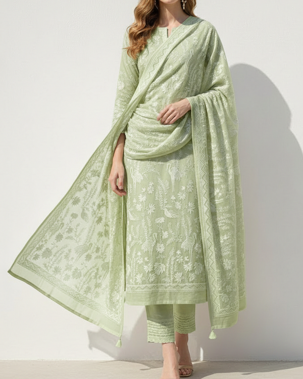 White Dyeable Silk Fabric With All Over Bird Motif Of Thread And sequins Work 21589