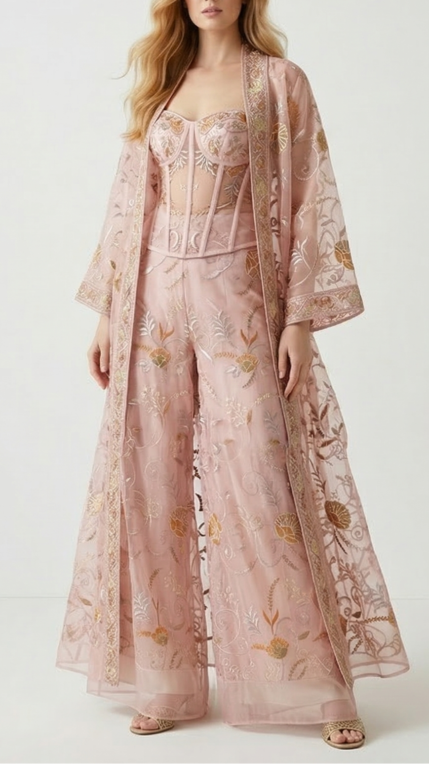 Light Pink Organza Fabric with All Over Thread Work 15156