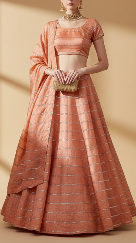 The Noor - Peach Silk Tissue Fabric with Classic Stripes Of Pearl, Katdana, and Sequins | 15455