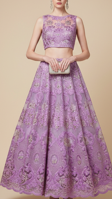 Lavender Imported Faux Organza Fabric with All-Over Embossed Work 15251