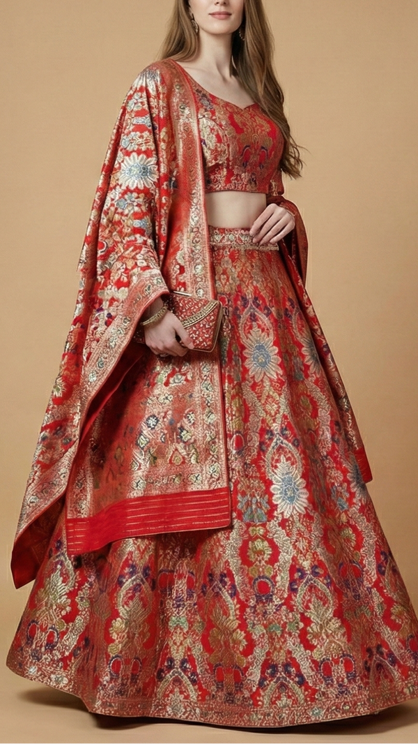 Red Pure Banarasi Brocade Fabric with Allover Golden Zari Handloom 20438