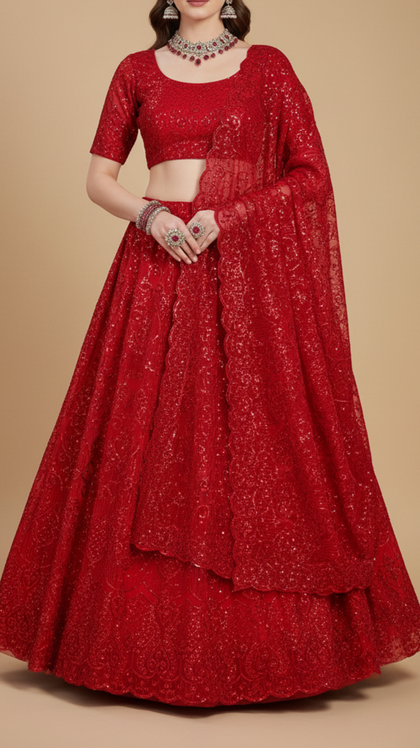 Red Georgette Fabric with All Over Sequins Work and One-Side Scalloped Border 19766