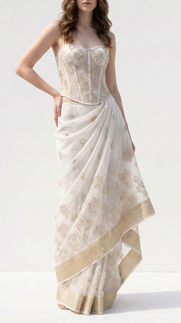 White Crepe Fabric with Allover Buti of Golden Zari Handloom With One Side Heavy Border 20991