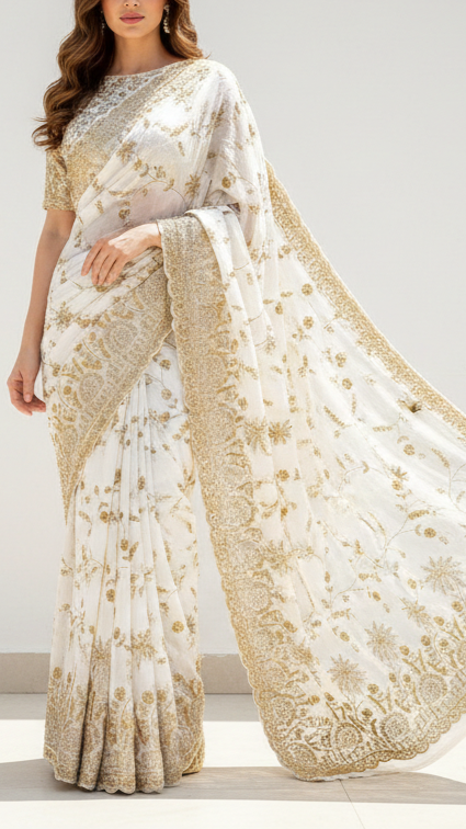 White Dyeable Silk Fabric With All Over Beads, Katdana, Sequins And Zari Work With One Side Scalloped Border 21495
