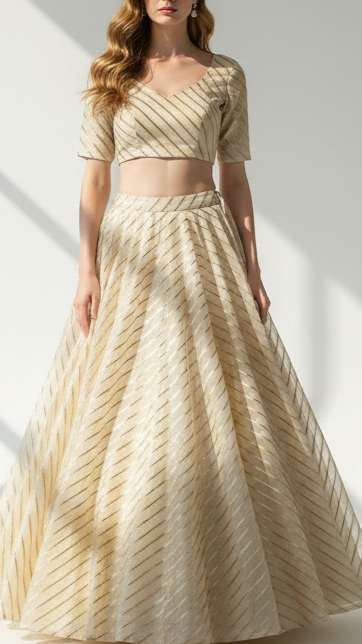 Golden Tissue Fabric With All Over Stripes Of Golden Zari Handloom 20358