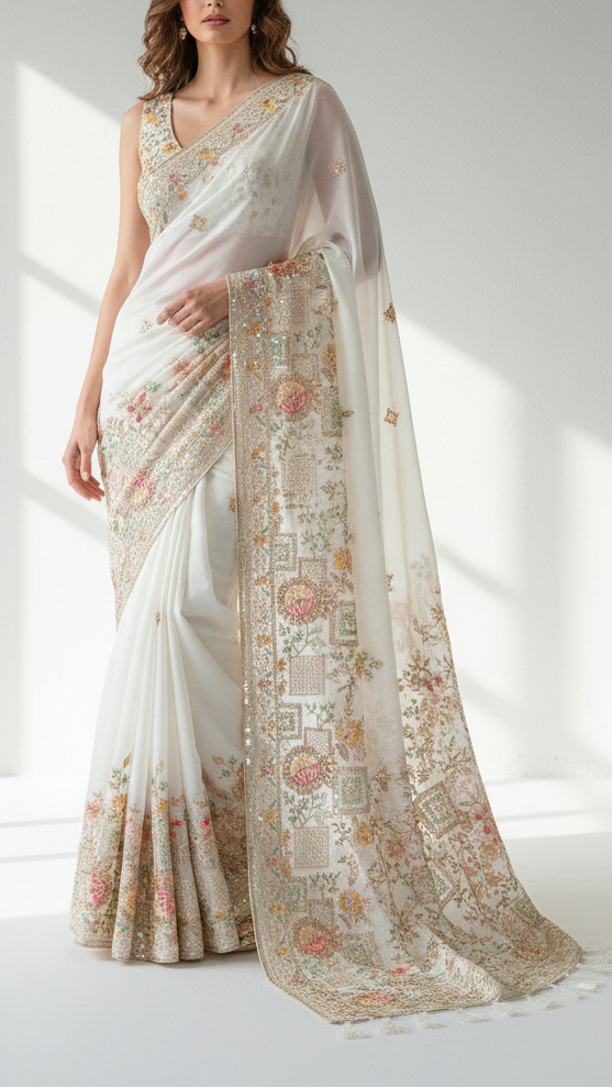 White Dyeable Organza Fabric With All Over Sequins, Bead, Katdana And Multi Color Thread Work With One Side Border 21720