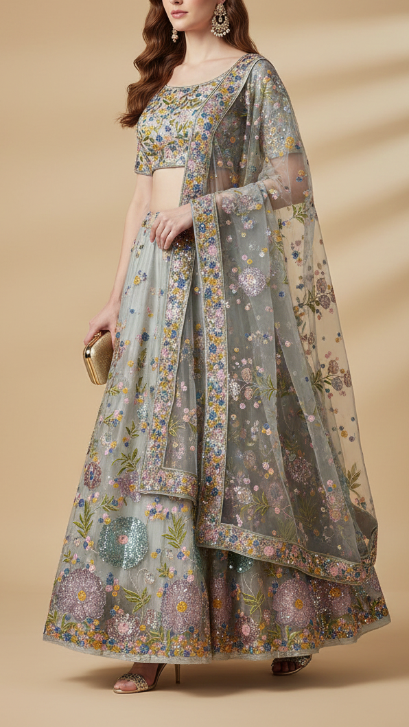 Grey Crepe Fabric With All Over Thread, Zari And Sequins With One Side Border 20373