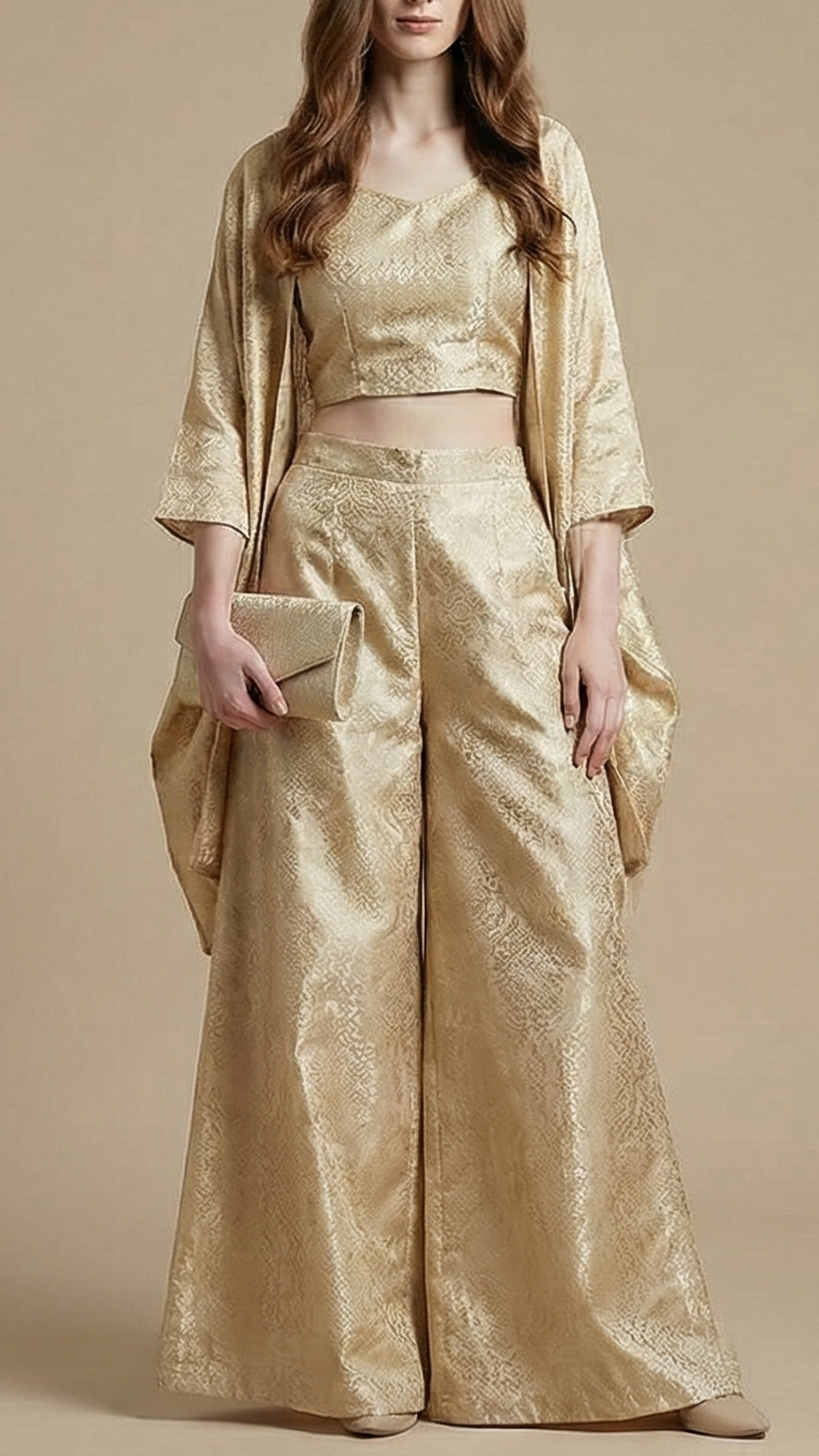 Light Golden Tissue Fabric With All Over Self Work 20398