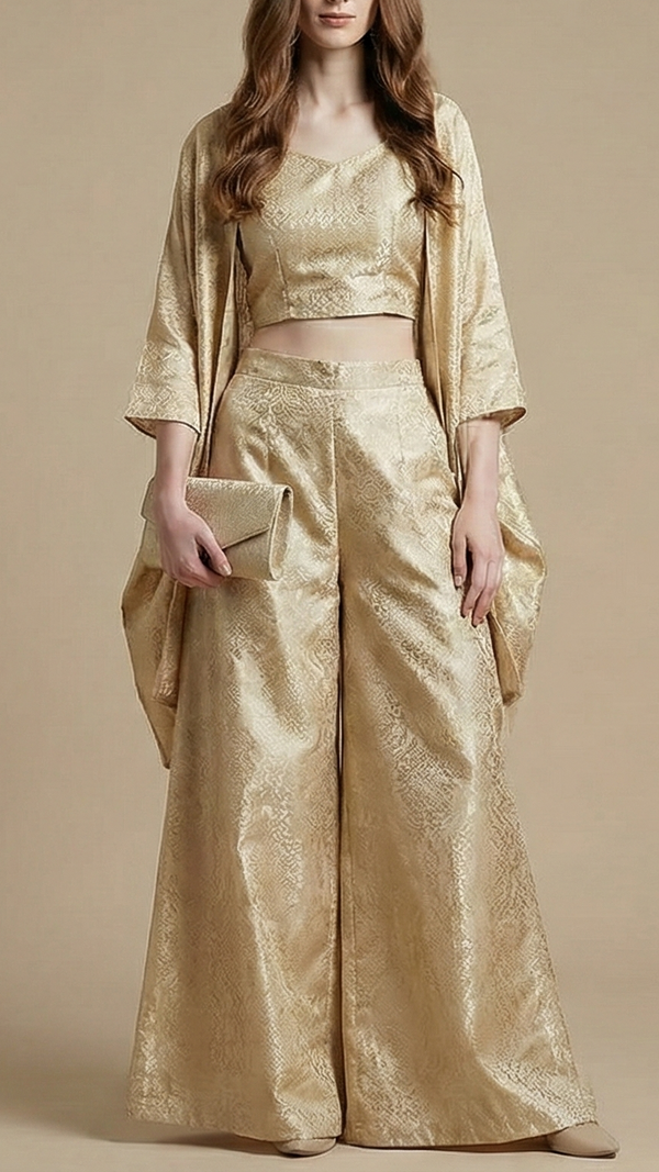 Light Golden Tissue Fabric With All Over Self Work 20398