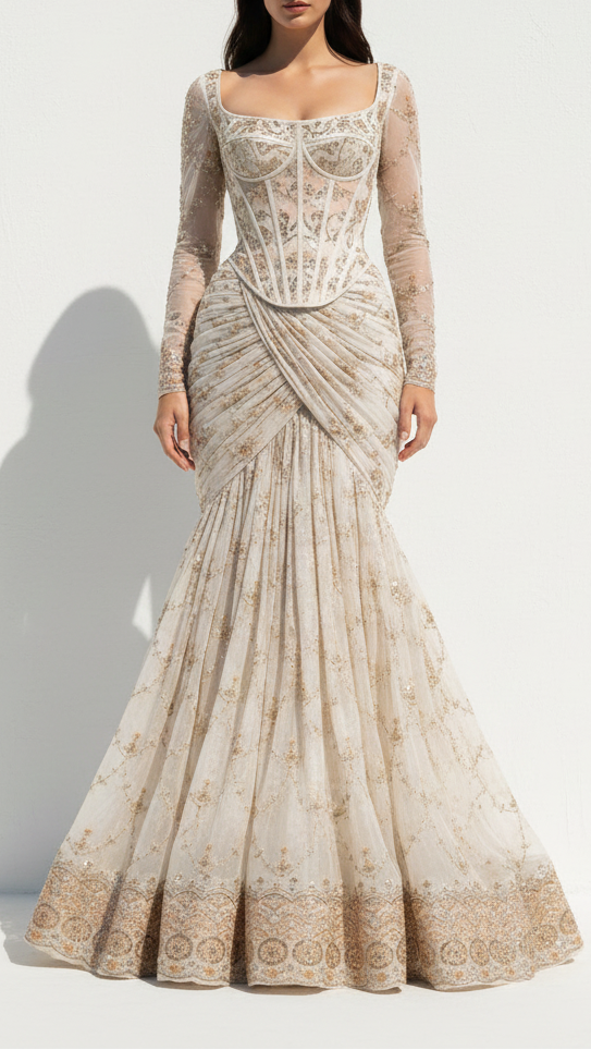 White Dyeable Georgette Fabric With All Over Katdana, Zari, Bead And Sequins Work With One Side Border 20861