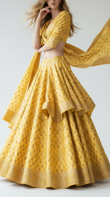 Mustard Pure Banarasi Brocade Fabric With Allover Thread Zari Handloom 16155