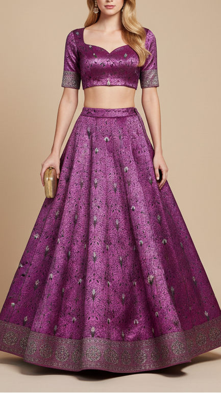 Purple Banarasi Brocade Fabric With All Over Thread And Zari Handloom 19061
