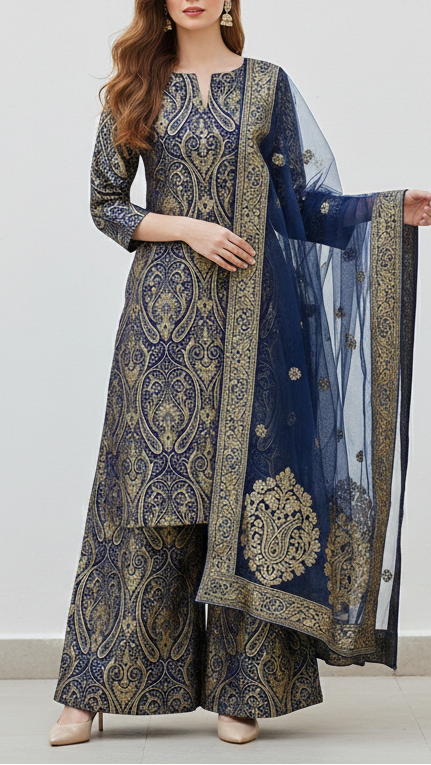 Navy Blue Banarasi Brocade Fabric With All Over Golden Zari Handloom 21845