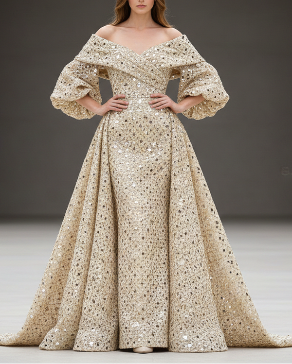 White Dyeable Georgette Fabric With All Over Sequins, Faux Mirror And Zari Work 21629