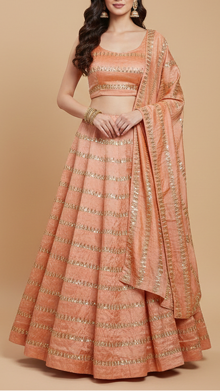 The Noor - Peach Tissue Fabric With Eternal Stripes Of Katdana, Sequins And Bead Work | 16196