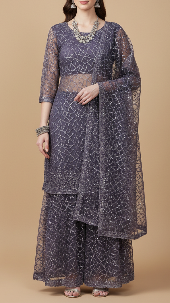 Graphite Purple Imported Net Fabric with Allover Sequins and Bead Work with One-Side Border 19718