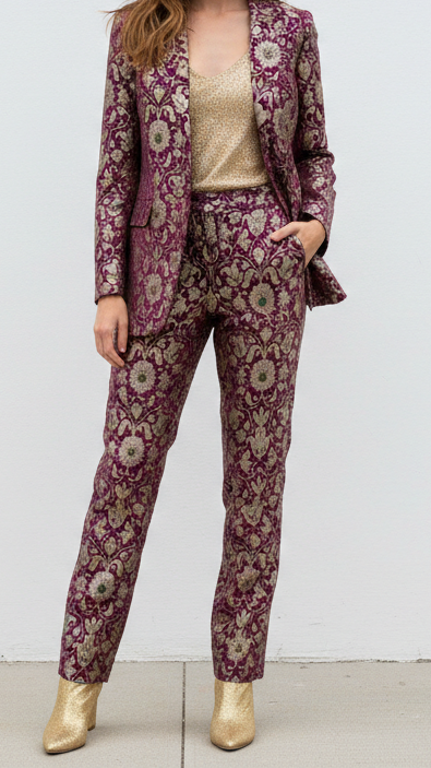 Purple Banarasi Brocade Fabric With All Over Thread And Golden Zari Handloom 20763
