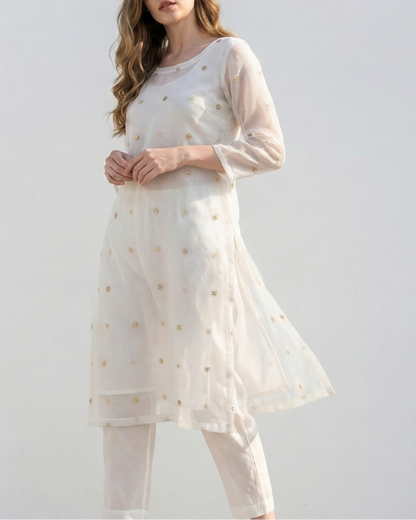 White Dyeable Organza Fabric With Allover Buti Of Golden Katdana And Sequins Work 21100