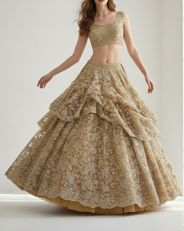Golden Imported Net Fabric With All Over Zari, Katdana, Sequins And Bead Work 21615