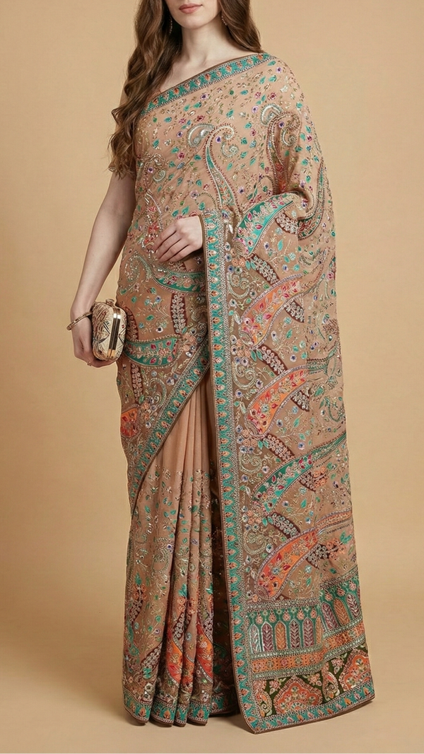 Brown Crepe Fabric With All Over Zari And Sequins Work With One Side Border 20466