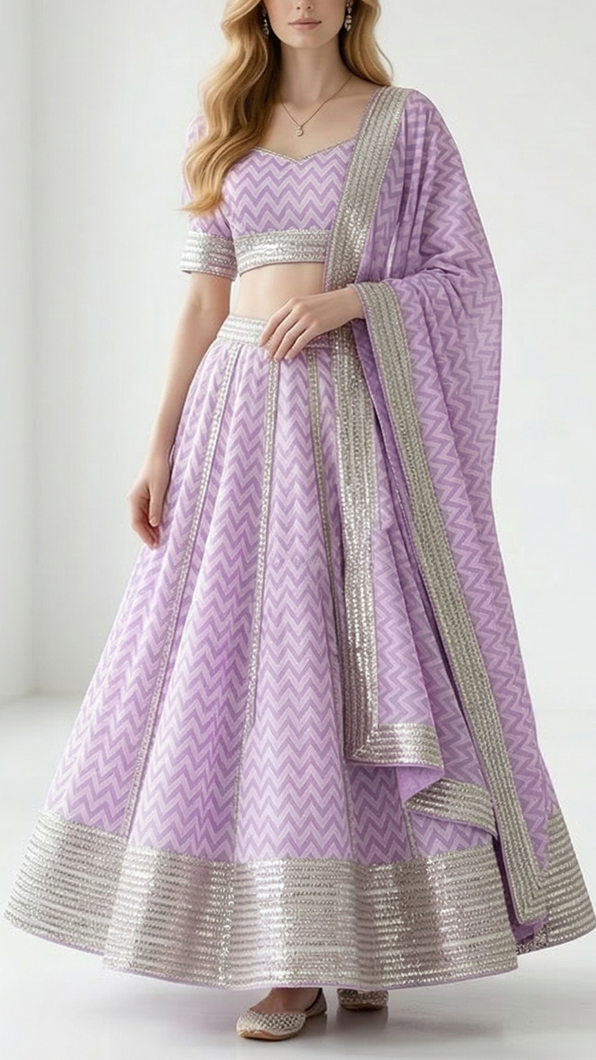 Lavender Cotton Fabric with Allover Print and Gota Work 13559