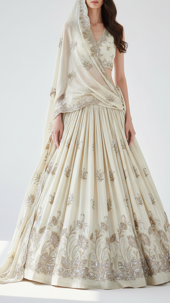 White Dyeable Silk Fabric With All Over Buti Of Zari, Sequins, Katdana And Bead Work With One Side Border 21939
