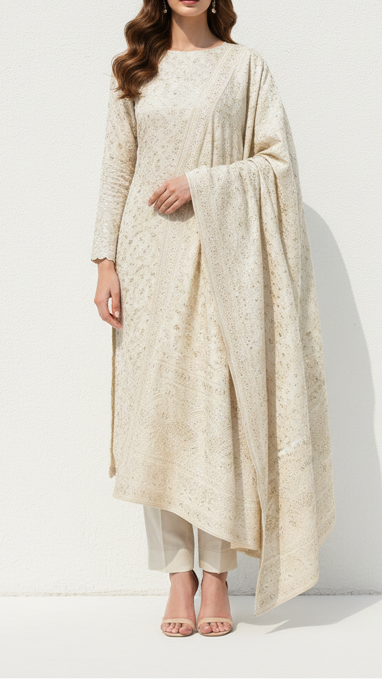 White Dyeable Georgette Fabric With All Over Sequins And Thread Work With One Side Border 21760