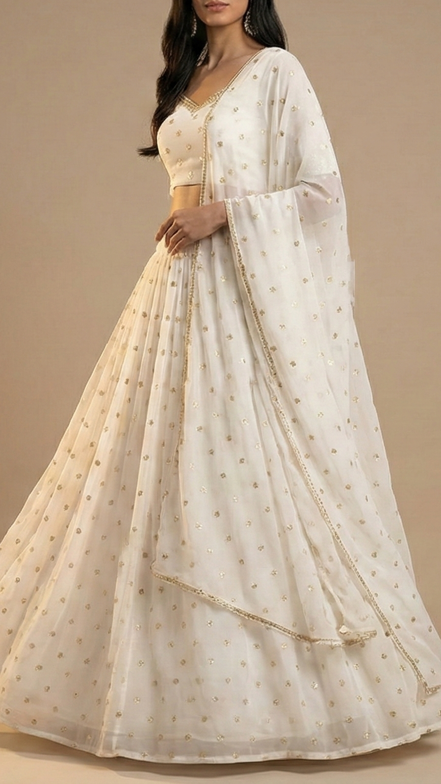 The Noor - White Organza Fabric with Golden Buti of Sequins 12297