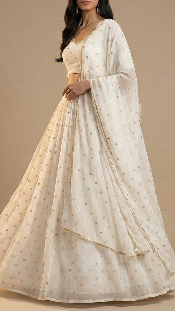 The Noor - White Organza Fabric with Golden Buti of Sequins 12297