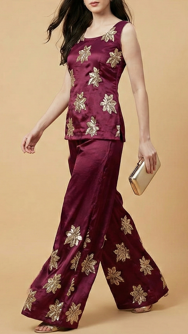 Wine Silk Fabric With All Over Sequins, Bead And Katdana Work 20916