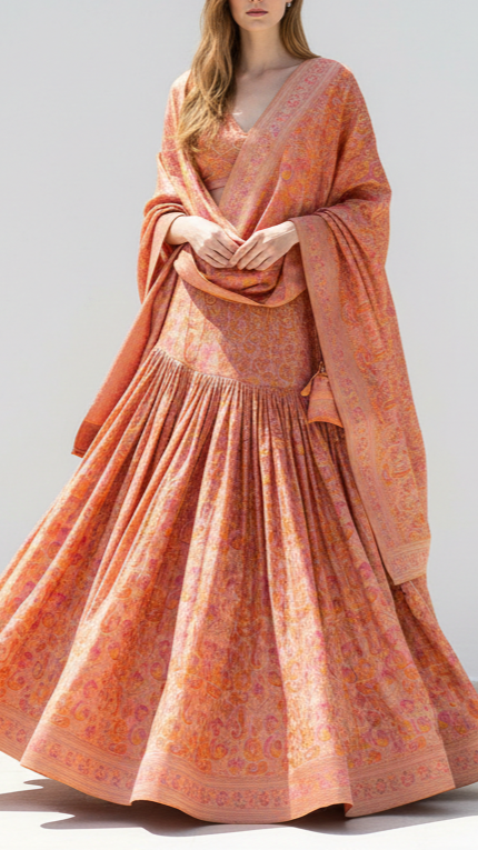 Peach Banarasi Brocade Fabric With All Over Thread And Zari Handloom 20789