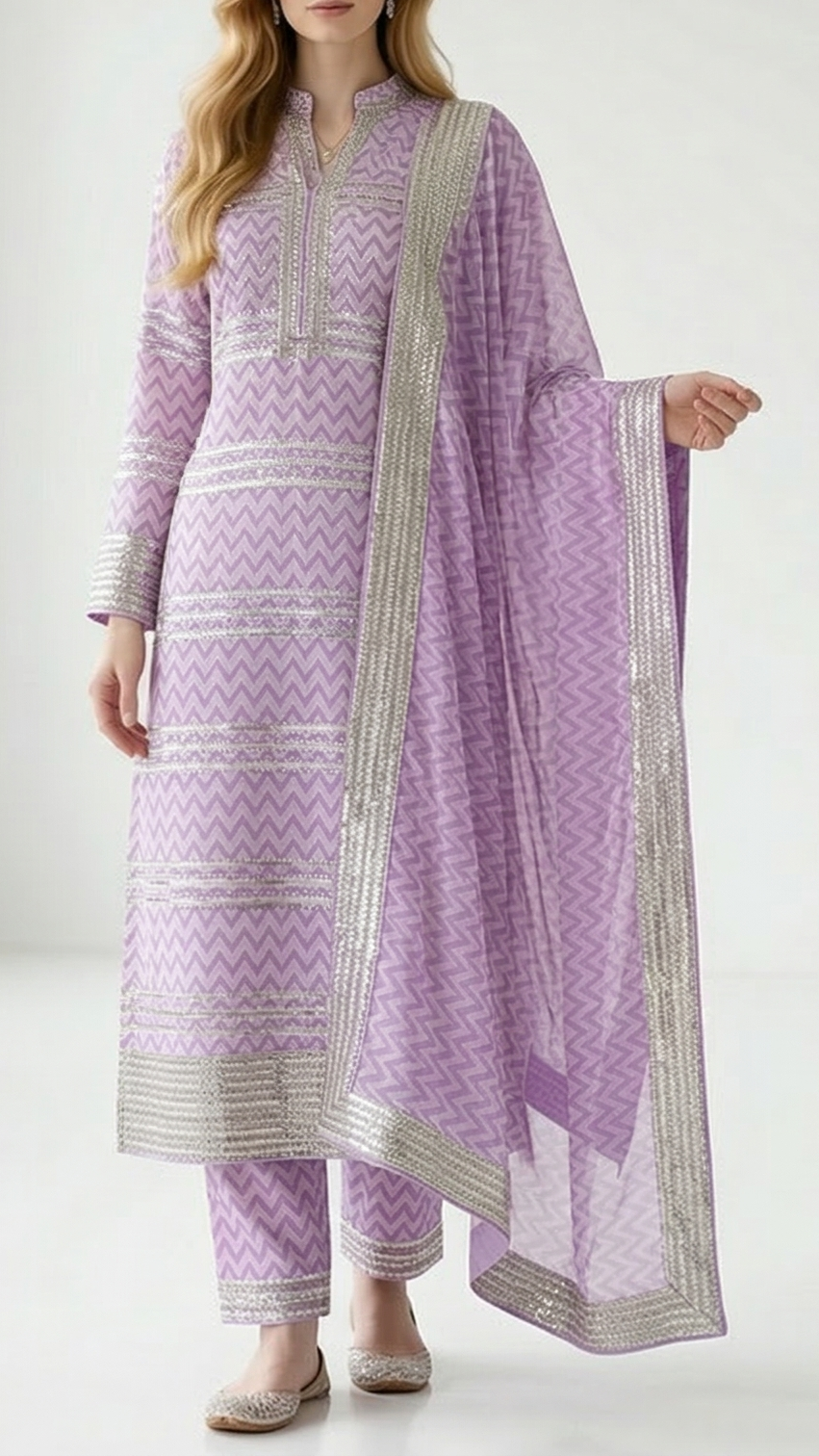 Lavender Cotton Fabric with Allover Print and Gota Work 13559