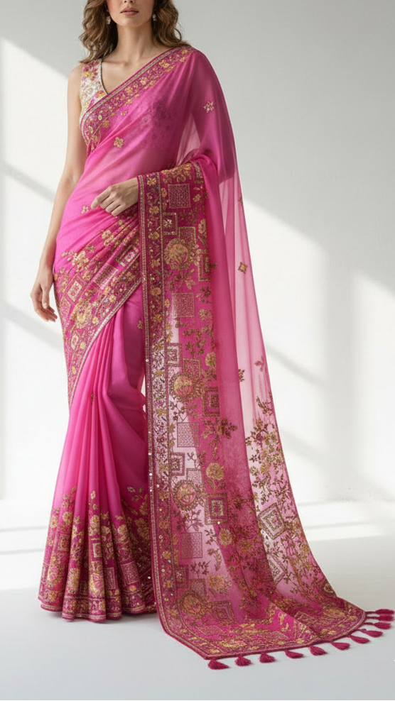 White Dyeable Organza Fabric With All Over Sequins, Bead, Katdana And Multi Color Thread Work With One Side Border 21720