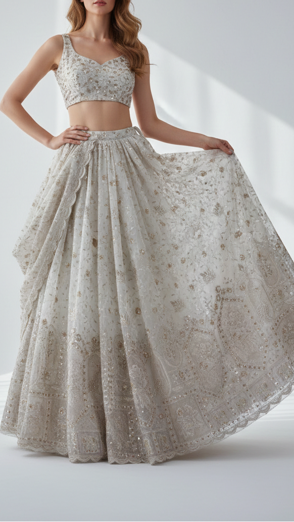 White Dyeable Georgette Fabric With All Over Katdana, Sequins, Zari And One Side Net Cutwork Border 19004