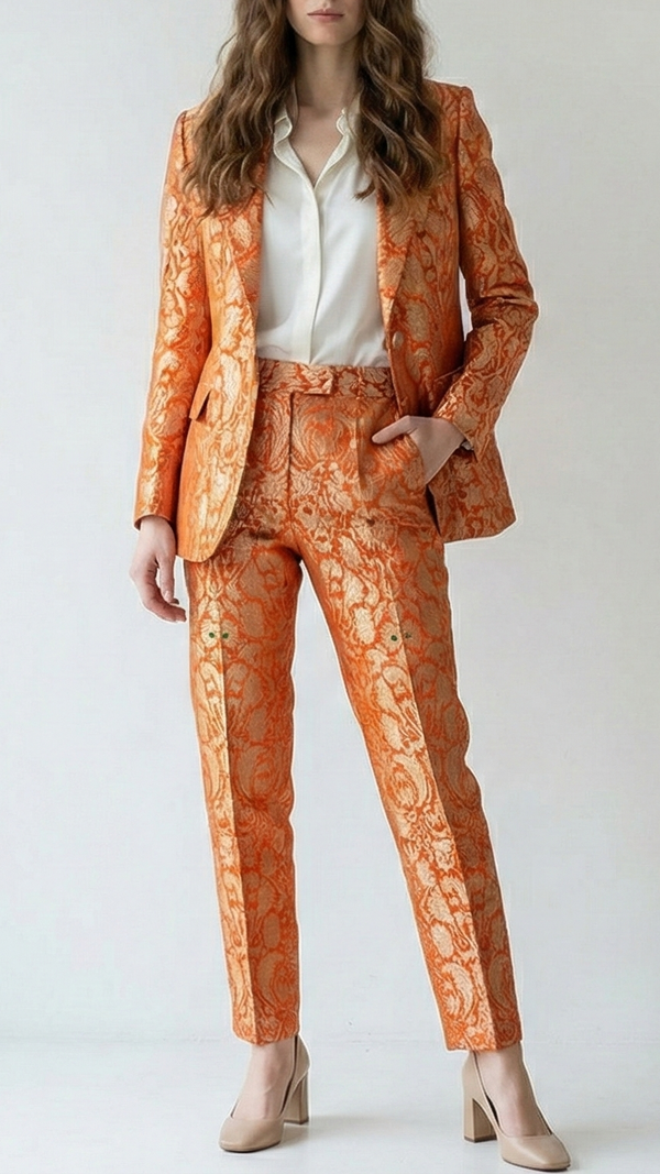 Orange Pure Banarasi Brocade Fabric With All Over Thread And Zari Handloom 20785