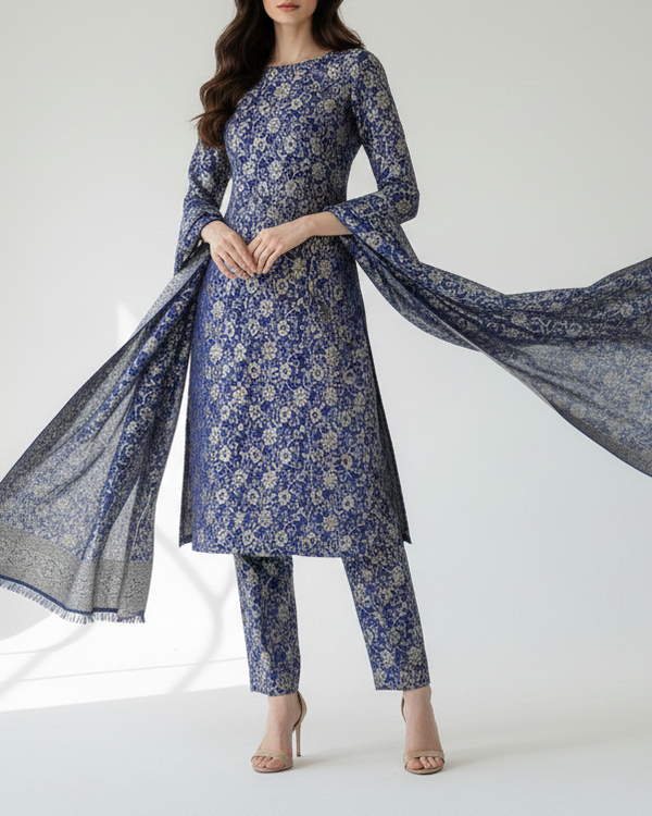 Navy Blue Banarasi Brocade Fabric With All Over Golden Zari Handloom 16977