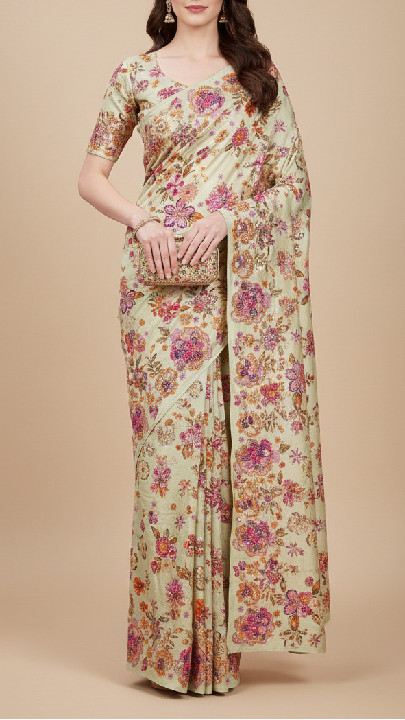 Pista Green Crepe Fabric With All Over Floral Print And Zari, Sequins Work 20464