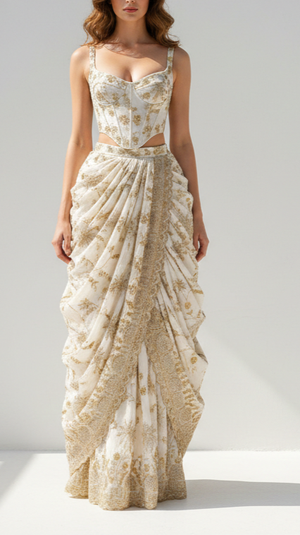 White Dyeable Silk Fabric With All Over Beads, Katdana, Sequins And Zari Work With One Side Scalloped Border 21495