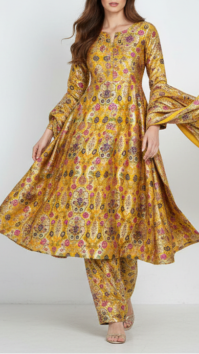 Mustard Pure Banarasi Brocade Fabric With All Over Thread And Zari Handloom 21534