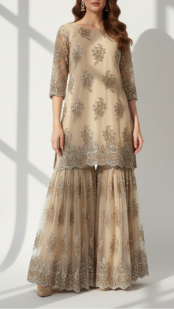 Grey Imported Net Fabric With All Over Sequins And Bead Work With One Side Scalloped Border 22039