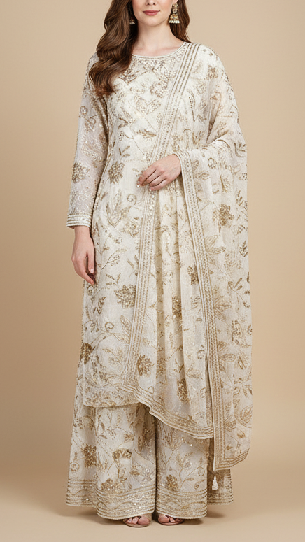 White Dyeable Chinon Chiffon Fabric With All Over Katdana, Sequins And Bead Work 19982