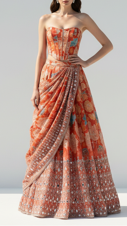 Rust Tissue Fabric With All Over Floral Print And One Side Bead, Sequins, Zari And Faux Mirror Border 20305