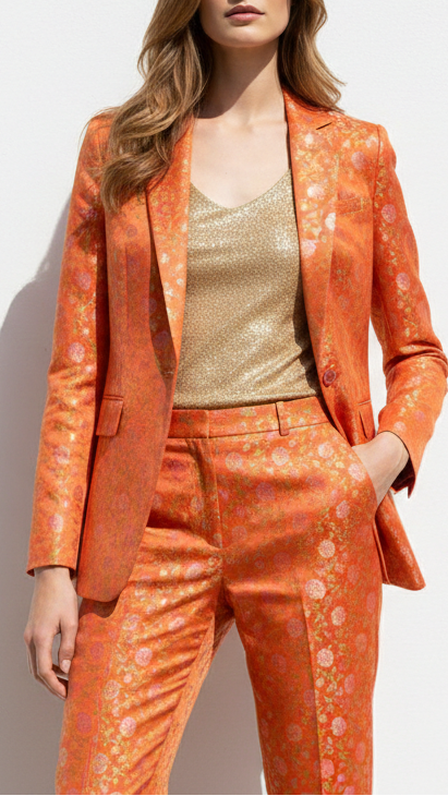 Orange Banarasi Brocade Fabric With All Over Thread And Zari Handloom 21258