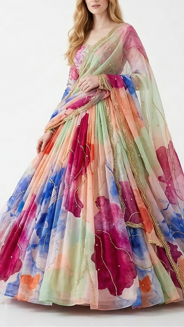 Magenta Organza Fabric with All Over Print, Katdana and Pearl Work 15229