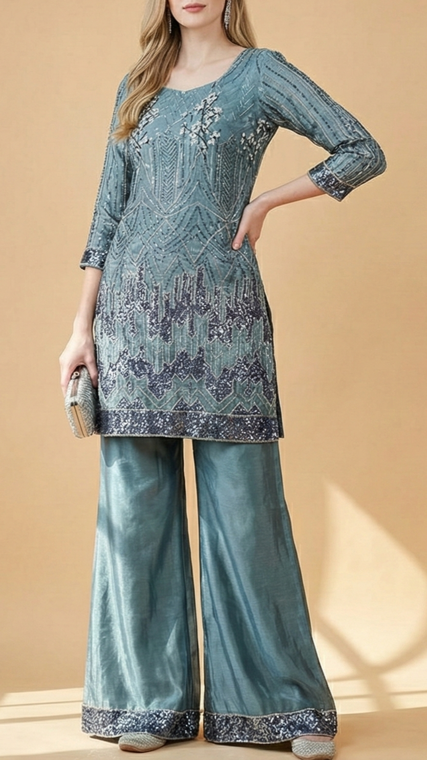 Deep Aqua Imported Organza Satin Fabric with All Over Katdana and Sequins Flowers 12815