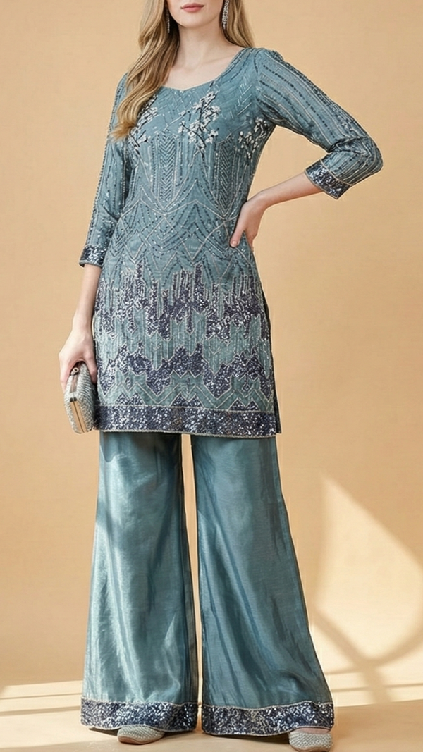 Deep Aqua Imported Organza Satin Fabric with All Over Katdana and Sequins Flowers 12815