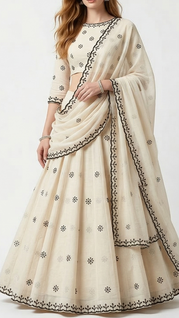 Off White Cotton Fabric with All-Over Black Thread & Sequins Work and Two Side Scalloped Border 15238